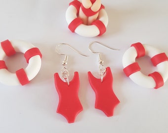 boucles d'oreilles piscine,maillot de bain rouge,cadeau piscine,maître nageur,sos,Malibu,originales