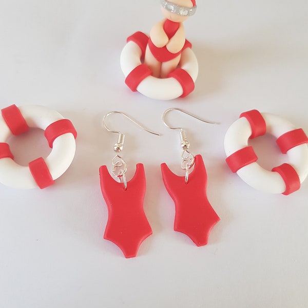 boucles d'oreilles piscine,maillot de bain rouge,cadeau piscine,maître nageur,sos,Malibu,originales