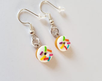 donut earrings, gourmet jewelry, children's gift, donut earrings, multi-colored vermicelli, white icing, fimo paste, handmade