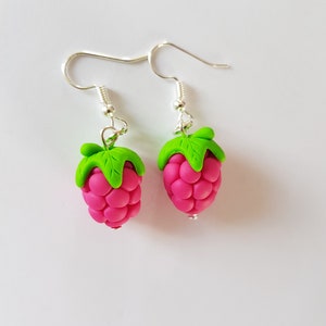 fimo earring, raspberry loops, gourmet, raspberry with leaf, gourmet jewel image 1