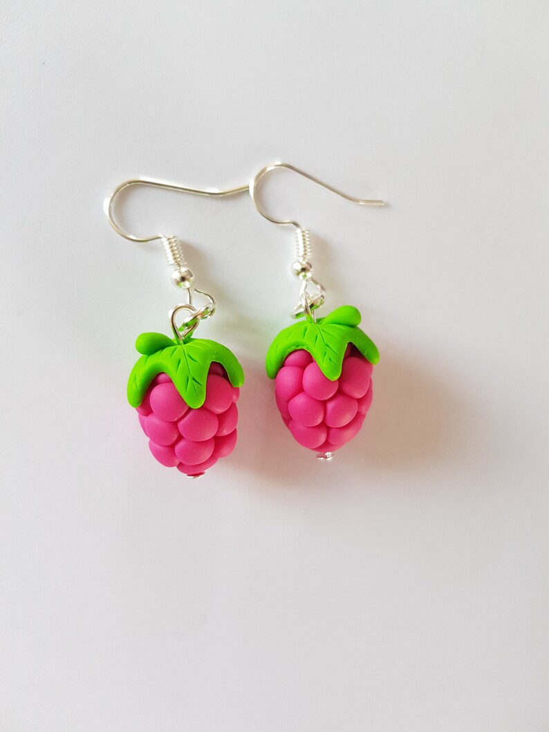 fimo earring, raspberry loops, gourmet, raspberry with leaf, gourmet jewel image 1