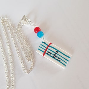 regalo de la escuela, hoja de escritura abc, collar de amante, regreso a la escuela, regalo de amante, gracias amante, fimo, regalo original