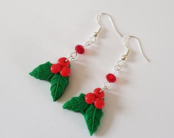 Christmas earrings,theme Noel, holly leaves, red balls, special Christmas curls, original gift, Christmas gift, advent gift