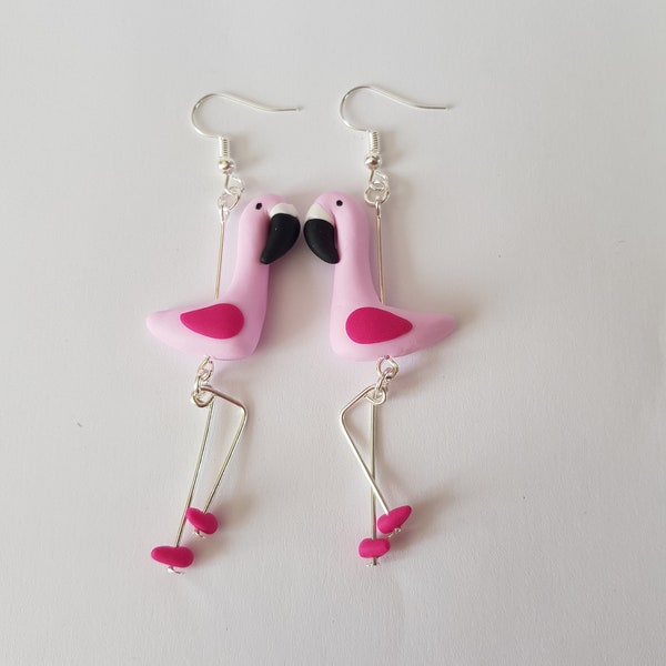 flamant rose rigolo en boucles d'oreilles fimo rose original