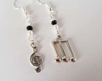 earrings, music note,floor key, original jewel,black and white, original loops, music loops,triolet,musician gift