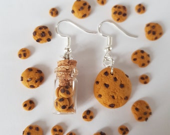 cookie earrings, gourmet earrings, miniature food, chocolate chip cookies, vial of cookies, earring food