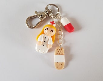 Nurse keychain, blonde nurse, bandage, pill, caregiver gift, hospital, thank you nurse gift, caregiver accessory