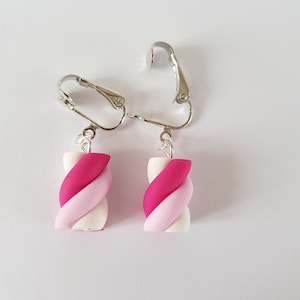 candy earrings, earrings, pink marshmallow, clip loops, un pierced ears, fimo, gift idea
