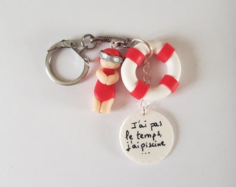 lifeguard gift swimming pool key ring swimsuit, buoy "I don't have time" I have swimming pool, mns