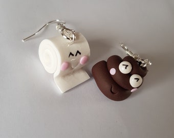 funny fimo earring: "the big poo and his smiling toilet paper" parryed,cute earring