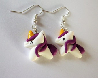 Earrings in solid silver unicorn enamelled pink and purple white in new silver