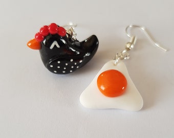 funny chicken curls, pullet, earrings, fried egg, chicken coop, peas, mismatched earrings, funny gift