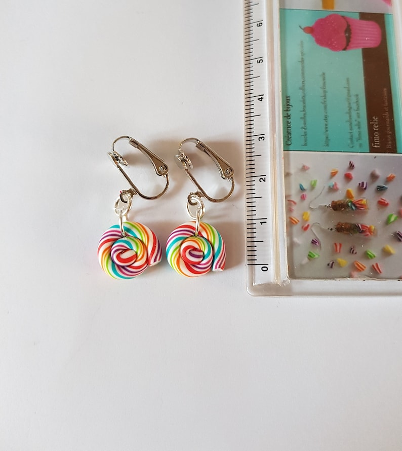 clips lolipop sucettes multicolore boucle oreille non percée clip fimo,boucles d'oreilles lolipops,boucles d'oreilles bonbons image 2