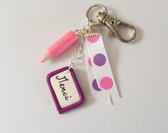 atsem keychains, gift mistress, gift thank you, teacher, instit, colored pencils, pink and purple, thank you, thank you