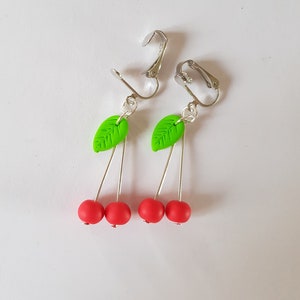 clip earrings, ear clips, cherry earrings, gourmet earrings, red cherry fimo, Christmas child gift idea