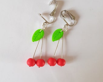 clip earrings, ear clips, cherry earrings, gourmet earrings, red cherry fimo, Christmas child gift idea