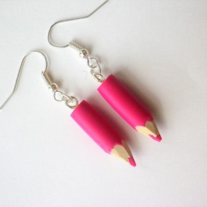 pink cut pencil fushia original earring! school gift idea, master earrings, colored pencil, mistress gift