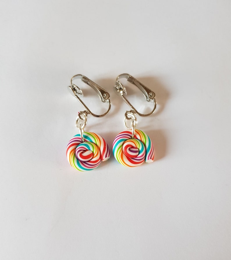 clips lolipop sucettes multicolore boucle oreille non percée clip fimo,boucles d'oreilles lolipops,boucles d'oreilles bonbons image 3