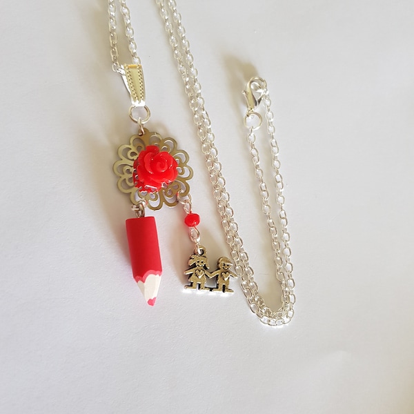 collier ecole, crayon rouge ,rentrée des classes, cadeau maitresse, merci maitresse,cadeau ecole,cadeau atsem,fimo