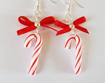 Candy cane, Christmas earrings, Christmas theme, red and white, chic, satin bow, original earrings, Christmas gift