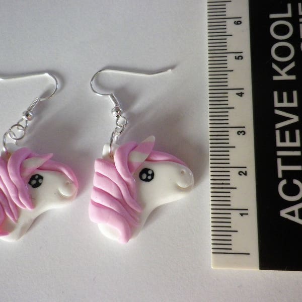 unicorns, pink and white earrings, unicorns, child dangle earrings, fimo, earrings, fimo, riding, birthday gift