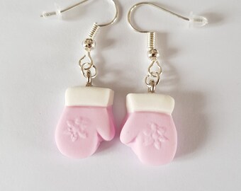 Christmas gift, earrings, christmas curls,winter theme,winter sports glove,fimo,pink pastel,white,birthday gift,girls curls