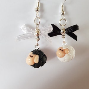 black and white sheep fimo earring sparkling eyes farm animals