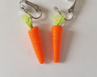 boucles d'oreilles carottes,clips enfants,boucles carottes,orange,fimo,oreilles non percées,boucles filles,cadeau fille,clips