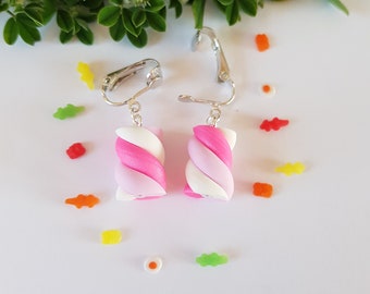 boucles d'oreilles gourmandes,boucles bonbons,boucles d'oreilles guimauve,boucles clips,rose,clips d'oreille,oreilles non percées,fimo