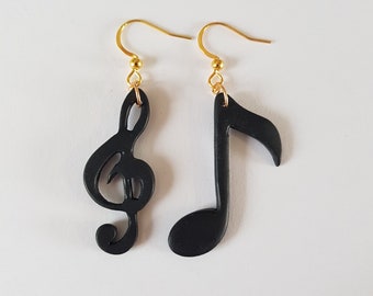 boucles d'oreilles,note de musique,clé de sol,bijou original,noir et blanc,boucles originales,boucles musique,cadeau musicien,cadeau musique