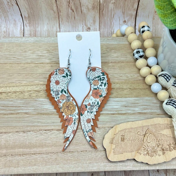 Fall Floral Angel Wing Earrings, Genuine Leather, Burnt Orange, Large Statement Jewelry, Autumn Color, Daisy Flower Print, Pretty Gift, 3912
