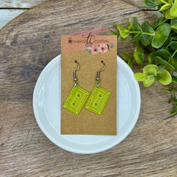 Casette Tape Earrings, Neon Yellow, Fun Retro Girl Jewelry, Throwback, 80s Theme, Hypoallergenic Stainless Steel, Gift for Her, Unique, 3562