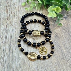 Gold Shell Beaded Bracelet, Tree Nature Life Charm, Acrylic Jewelry Set, Black Pretty Accessory, Fun Gift Her Teen Girl, Mom Friend, 4668-70