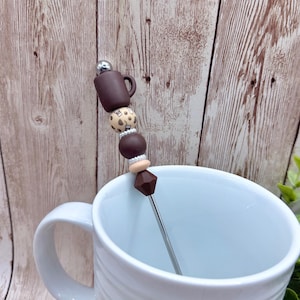 Coffee Mug Stir Stick, Java Joe Addict, Kawaii Cup, Brown 3D Silicone Focal Bead, Drink Beverage Stirrer, Fun Gift Friend Unique Favor, 4618