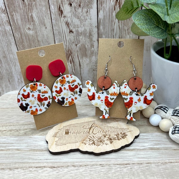 Chicken Earrings, Wood Dangle, Round, Rooster Shape, Fun Farm Animal Theme, Barnyard, Red White, Country Style, Unique Jewelry, Gift, 3951/2