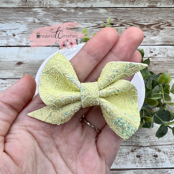 Yellow Glitter Lace Bow, Faux Leather, Alligator Clip, Sparkly, Pinwheel Bow, Sparkly, Girls, Toddler, Hair Accessory, Gift for Her 3016