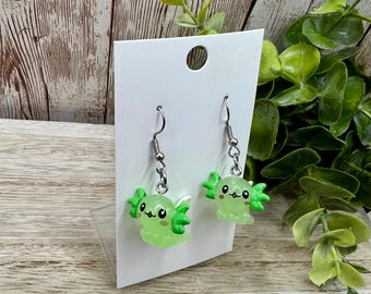 Axolotl Earrings, Purple Blue Jade Green, 3D Resin Dangle, Cute Fun Gift Her, Teenage Girl, Unique Sea Animal Jewelry, Lightweight, 4282-4