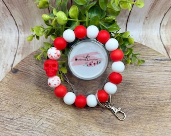 3D Skull Splatter Beaded Wristlet, Red Blood True Crime Murder Mystery, Silicone Bracelet Keyring Keychain Clip, Accessory Gift Her, 4632