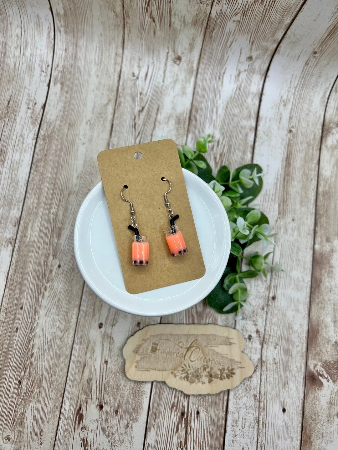 Boba Tea Earrings, Bubble Tea Theme, Coral Orange, Glass Cup, Acrylic ...