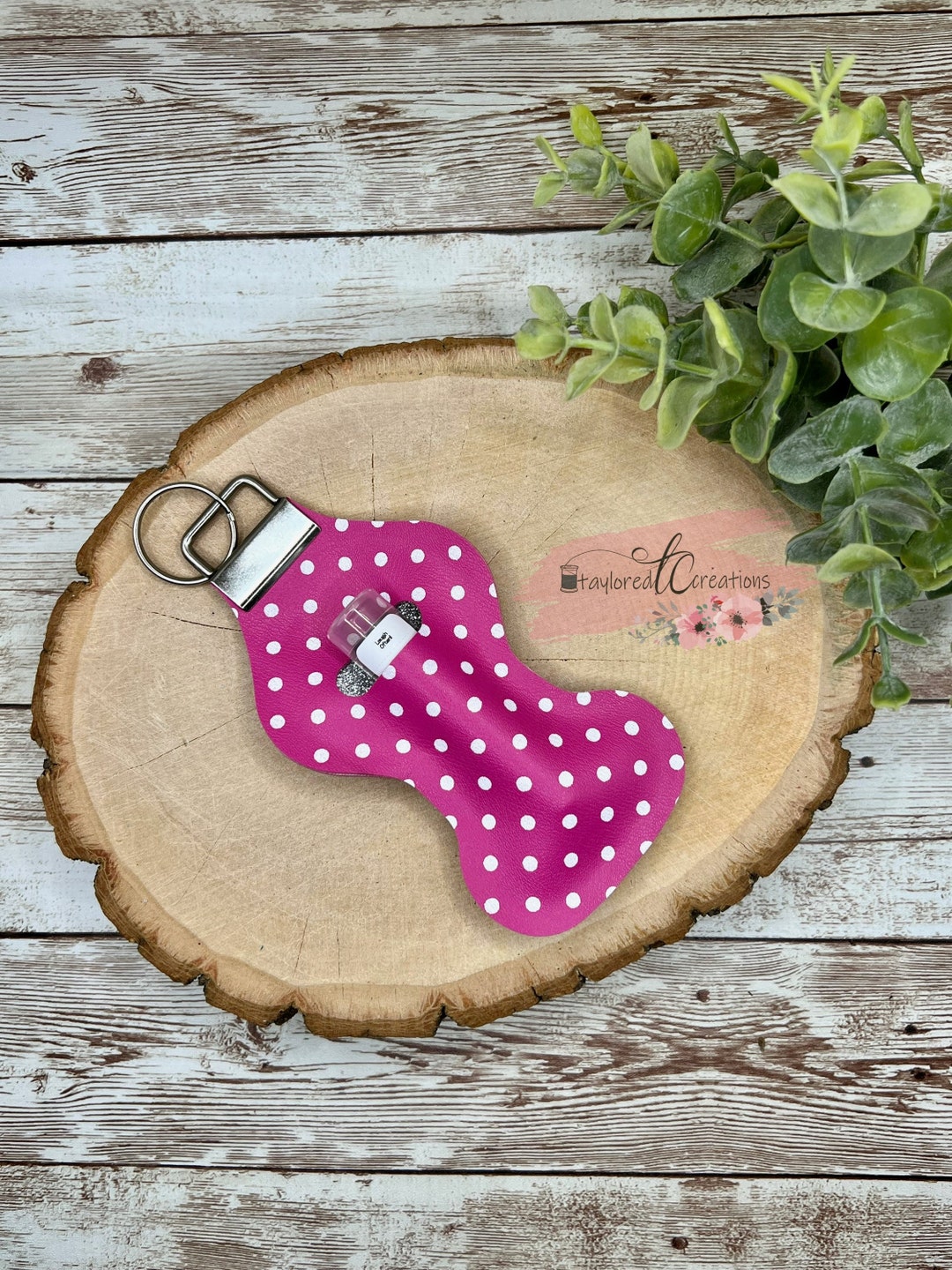 Lip Balm Holder Keychain, Hot Pink Polka Dot, Faux Leather, Natural Lip