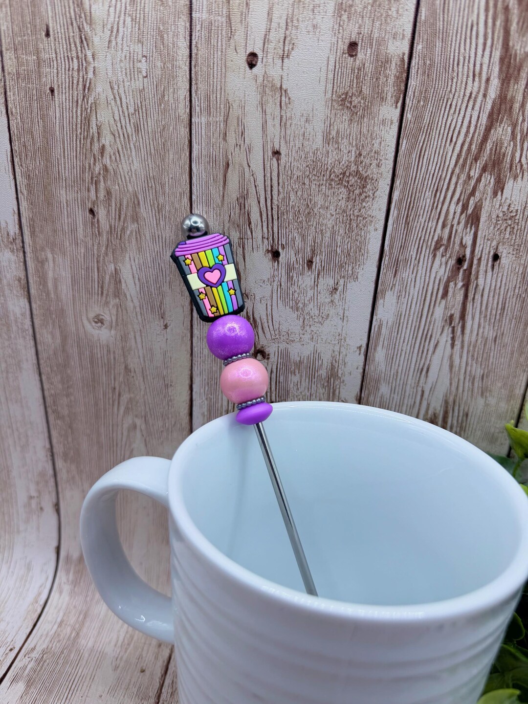 Coffee Stir Stick, Purple Pink Rainbow Heart, Shimmer Silicone Focal ...