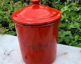 French Red Container, Cannister, Sugar container, Vintage French Red Enamel