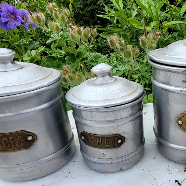 Vintage French storage jars, Aluminum jars, Silver storage pots, Stackable storage jars