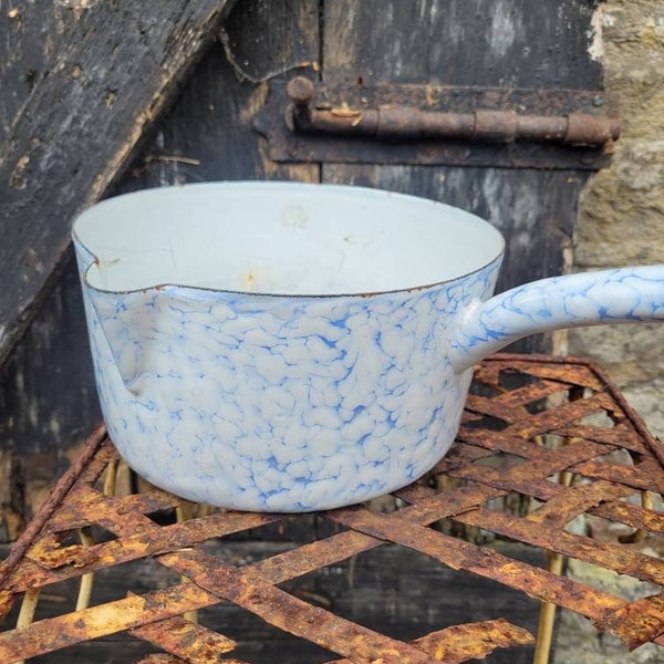 Vintage French enamel saucepan, Blue mottled pan, French pan, Enamel pan