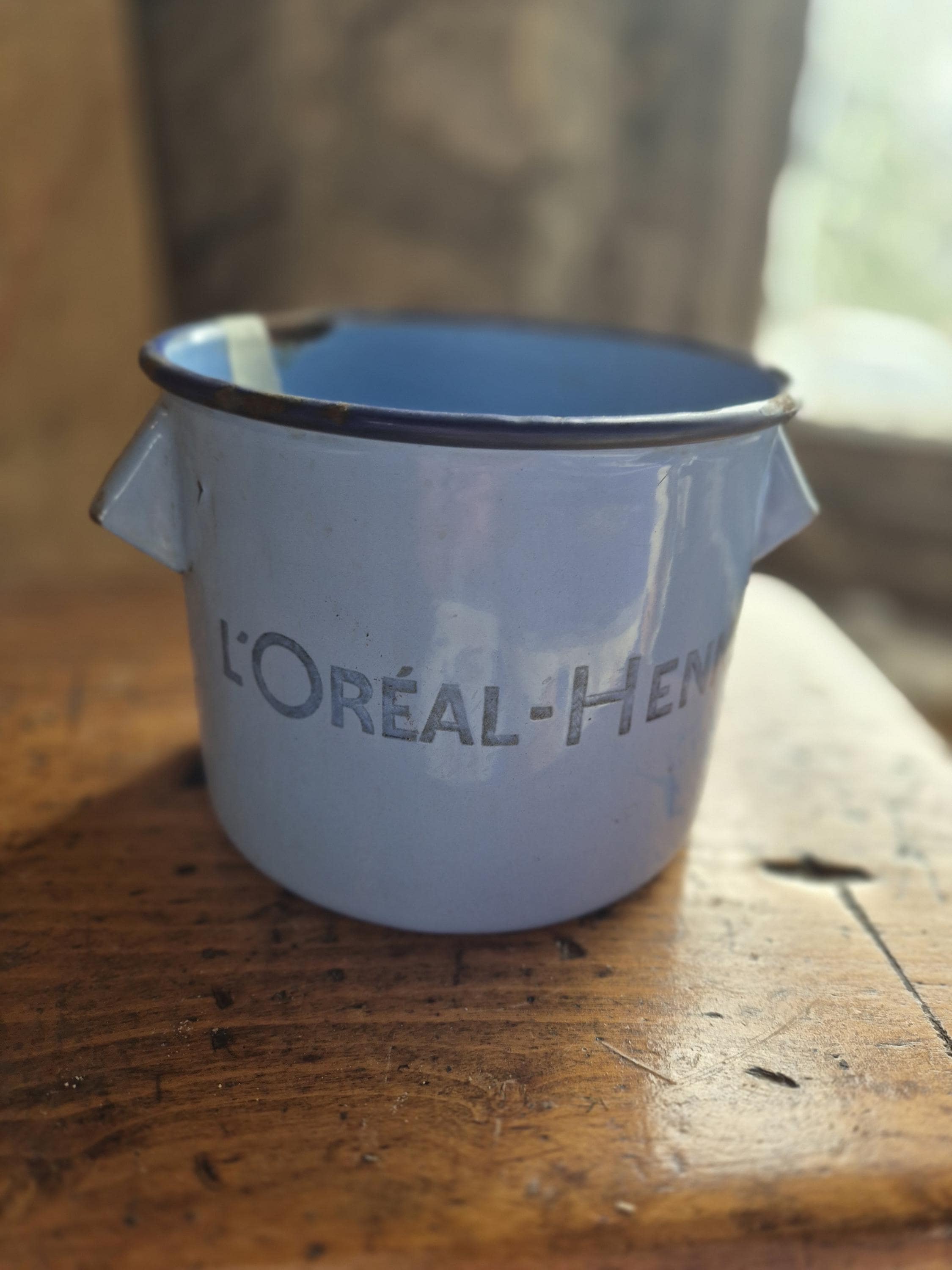 French enamel bowl, Loreal enamel pot, Vintage blue enamel pot