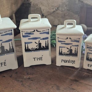 French storage jars, Set of 4 blue and white jars, Storage pots, Vintage French pots, Kitchen jars