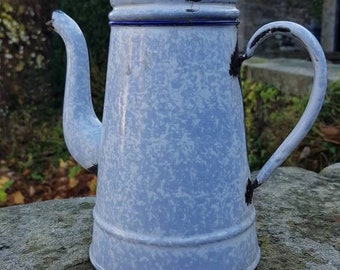Antique Blue Mottled Enamel Coffee Pot, Blue mottled Enamel Coffee Pot, 1920&#39;s coffee pot, Kitchen decor, Vintage Enamel pot, French decor