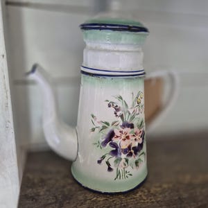 French Vintage Enamel Coffee pot, Flower design coffee pot, Antique Enamel coffee pot,  Enamel coffee pot