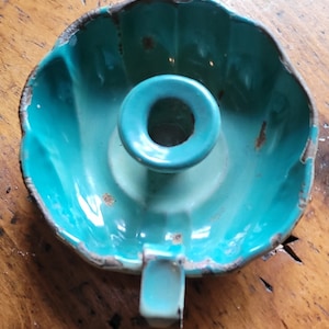 French vintage candle holder, Blue enamel candle holder