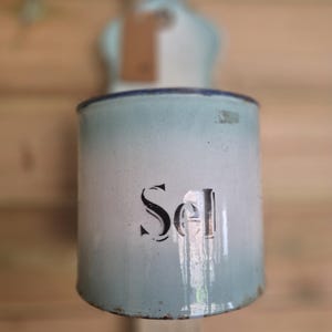 Vintage French enamel pot, Sel enamel pot, Pale blue enamel jar